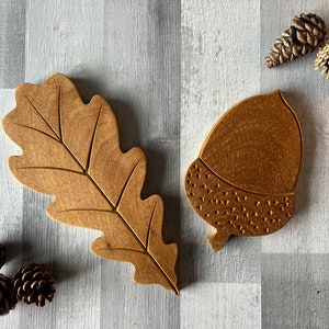 Oak Leaf and Acorn shaped Trivets, hand made from solid oak.