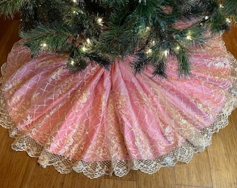 Gold on Pink Novelty Christmas Tree Skirt Unique Gift