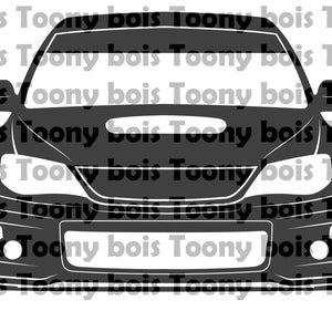 Puede incluir: Silueta en blanco y negro de un coche Subaru Impreza WRX STI. El coche está de frente y se puede ver el parachoques delantero, los faros y la parrilla.