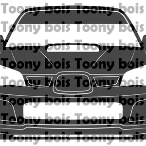 May include: A black and white silhouette of a car, showing the front of the vehicle. The car has a large grill and a spoiler.