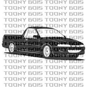 May include: A dark grey graphic of a car with the text "TOONY BOIS" repeated in the background. The car is a pickup truck with white wheels and a lowered suspension.