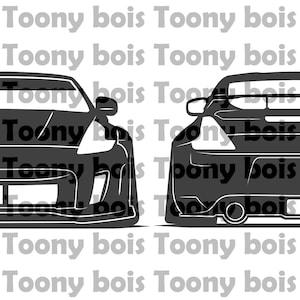 May include: A black and white silhouette of a sports car, showing the front and rear views. The car has a low profile and a sporty design.