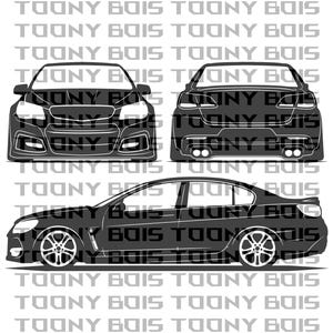 May include: Black and white graphic of a car, showcasing front, rear, and side views. The design features a sporty aesthetic with custom wheels and a ground effects kit. The text "TOONY BOIS" is repeated throughout the background.