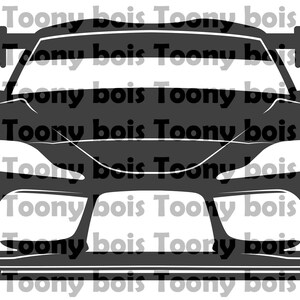 Könnte beinhalten: Schwarz-weiße Silhouette eines Rennwagens mit einem großen Heckspoiler. Das Auto ist nach vorne gerichtet und die vordere Stoßstange ist sichtbar.