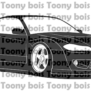 Puede incluir: Ilustración en escala de grises de un coche deportivo con perfil bajo, neumáticos anchos y alerón. El coche tiene un diseño elegante con el texto "Toony bois" repetido en el fondo.