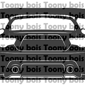 Op de afbeelding: Zwart-witte silhouet van een achteraanzicht van een sportwagen met een grote achtervleugel. De auto heeft een grote achterdiffuser en twee uitlaatpijpen.