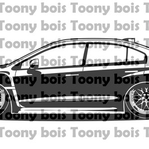 May include: A black and white silhouette of a Subaru WRX STI with a large rear wing. The car is shown in profile view.
