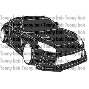 May include: Black and white silhouette of a sports car with a low profile and a large front spoiler.