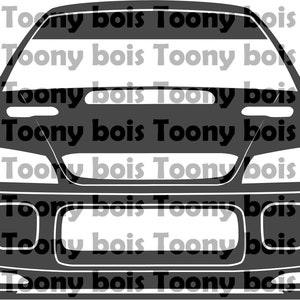 May include: A black and white silhouette of a car's front end. The car has a large hood, a small grille, and a bumper with two round headlights.