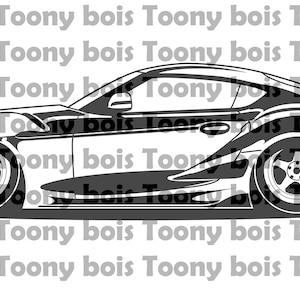 May include: A black and white line drawing of a sports car with a spoiler. The car is facing the right side of the image. The car has large wheels and a low profile.