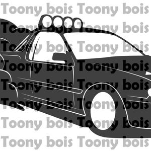 May include: A black silhouette of a car with a roof rack and four lights on top, driving with smoke coming out of the exhaust pipe.