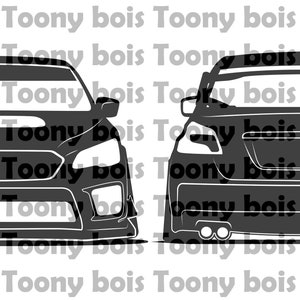 May include: A black and white silhouette of a car, showing the front and rear views. The car has a sporty design with a large spoiler and a low-slung body.