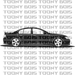 May include: A black sedan car graphic with white wheels and the text "TOONY BOIS" repeated in a pattern on a white background. The car is a side profile illustration.