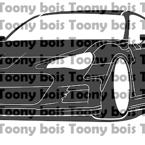 May include: Black and white line art illustration of a sports car. The car has a low profile and wide tyres. The car is facing the viewer.