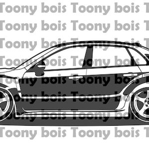 Peut inclure: Un dessin au trait noir et blanc d'une Subaru Impreza WRX STI. La voiture est représentée de profil, le côté conducteur étant face au spectateur. La voiture a un grand aileron arrière et de grandes roues.