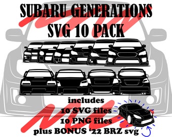 JDM Subie Generations SVG 10 Pack - STI designs for vinyl cutting decals, stickers, cnc machine, shirt and/or hoodie printing hdt