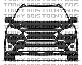 May include: A black and white silhouette of a Subaru Crosstrek, showing the front of the car. The headlights, grille, and bumper are visible.