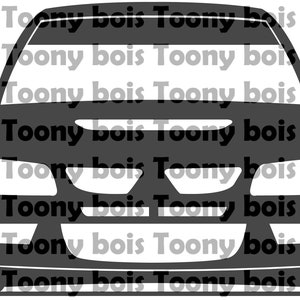 May include: A black silhouette of a car, showing the front of the vehicle. The car has a large grille and headlights. The silhouette is against a white background.