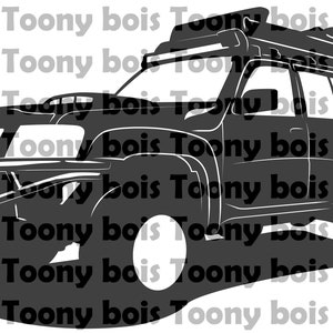 May include: A black silhouette of a four-door SUV with a roof rack and a spare tyre on the back.