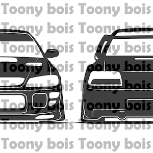 May include: A black and white silhouette of a car, showing the front and rear views. The car has a sporty design with a low profile and a large spoiler.