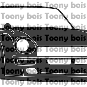 May include: A black and white silhouette of a classic sports car with a low profile and wide tyres. The car has a rounded front end with a large grille and two round headlights. The car is facing forward and the front wheels are turned slightly to the left.