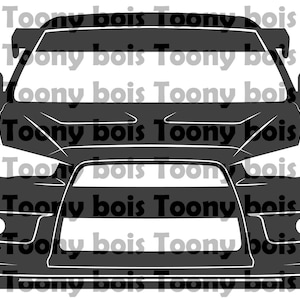 Puede incluir: Una silueta negra de un coche con una vista frontal. El coche tiene una gran parrilla delantera, un alerón y faros.