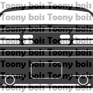 May include: Black and white silhouette of a car's rear end. The car has a rear window, tail lights, a number plate, and two exhaust pipes.