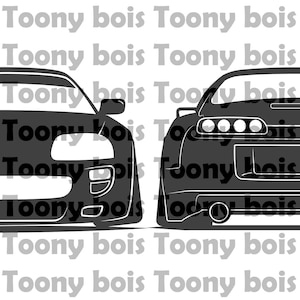 May include: A black and white silhouette of a Toyota Supra, showing the front and rear views of the car. The car is a popular model for car enthusiasts.