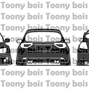 Puede incluir: Tres ilustraciones de coches en blanco y negro. Los coches se ven desde la parte delantera o trasera, mostrando su diseño. El texto "Toony bois" se repite en un patrón en el fondo.