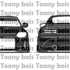 May include: A black and white silhouette of a car, showing the front and rear views. The car has a sporty design with a low profile and a wide stance.