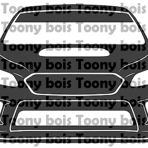 May include: A black and white silhouette of a car, showing the front of the vehicle. The car has a large, black grille and headlights. The car is a Subaru WRX STI.
