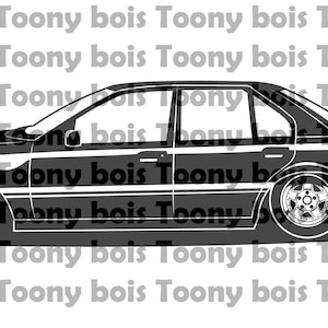May include: A black and white silhouette of a saloon car. The car is viewed from the side and has four doors.