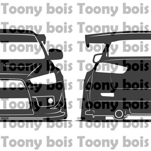 May include: A black and white silhouette of a car, showing the front and rear views. The car has a large rear spoiler and a sporty design.