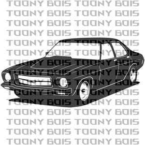 May include: A grayscale illustration of a classic car, featuring a detailed front grille with the letters "GTS". The car has a sleek, vintage design with visible headlights and wheels. The background is filled with the repeated text "TOONY BOIS".