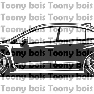 May include: A black and white line drawing of a Subaru WRX STI car. The car is shown in profile view, with the driver's side facing the viewer. The car has a sporty design with a large spoiler and wide tires.