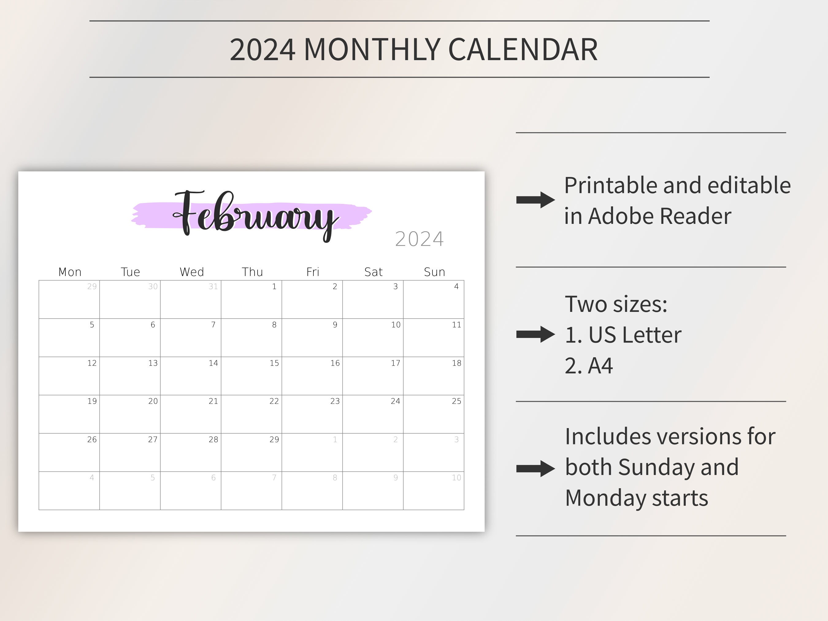 2024 Printable Calendar, Digital Calendar, Monthly Calendar, US Letter