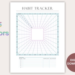 May include: A printable habit tracker with a grid design. The grid is divided into 31 days and 7 habits. The grid is in a light blue and purple color scheme. The text "HABIT TRACKER" is at the top of the page. The text "DIGITAL DOWNLOAD" is in the bottom right corner of the page.