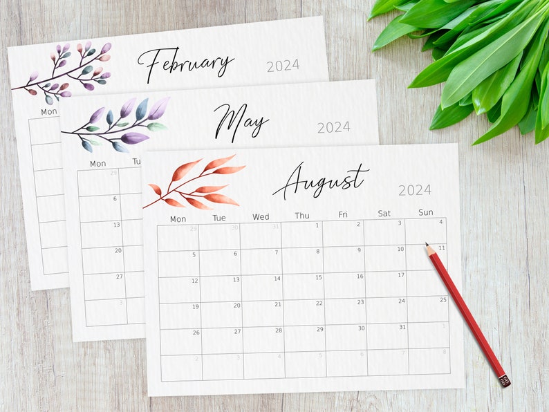 2024 Printable Calendar, Botanical Calendar, Digital Calendar, Monthly