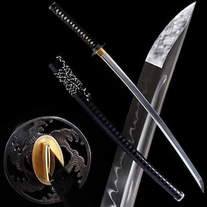 Handmade Clay Tempered T10 Steel Black Katana with Tsunami Theme Tsuba