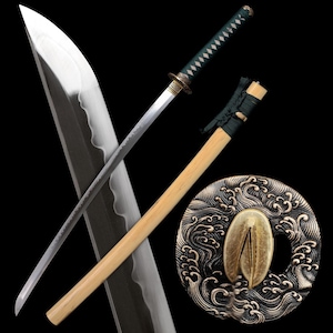 Handmade Clay Tempered T10 Steel Katana with Tsunami Tsuba and Natural Wood Saya