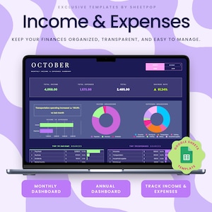 Income and Expense Tracker Excel Google Sheets Monthly Expenses Spreadsheet Profit and Loss Bookkeeping Template Financial Planner Dark Mode