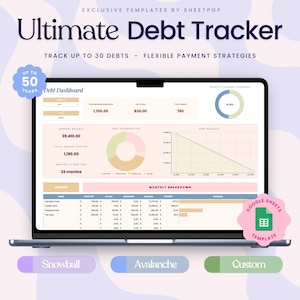Strumento di monitoraggio del rimborso del debito, calcolatrice della valanga di debiti per Fogli Google / Planner senza debiti, strumento di monitoraggio dei prestiti, grafico personalizzato per il rimborso della carta di credito