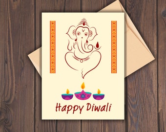 Digital I Printable I Happy Diwali Ganesha Card with Lightened Diyas I Diwali Greeting Card I Happy Diwali I 5"X7" & 4.25"X5.5"