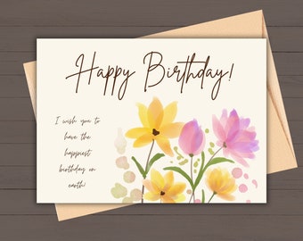 Colorful Water Paint Printable Flower Birthday Card and Wish I Birthday Greeting I Downloadable Birthday Card