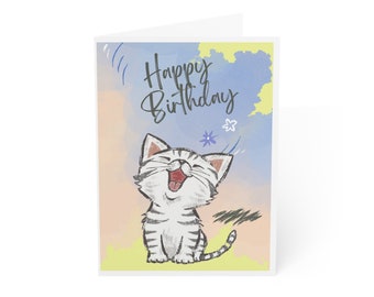 A sweet Cat (Pencil Drawing) has come to say Happy Birthday Greeting Cards (1, 10, 30, and 50pcs)