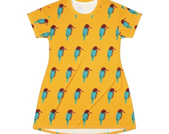 Beautiful Kingfisher Pattern T-Shirt Dress (AOP) I Kingfisher Pattern I Bird Watcher I Bird Lover