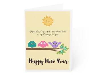 Digital I Printable Three Owls Happy New Year Card I Owls New Year Greeting I 5 X 7 Inches New Year Card