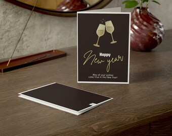 Digital I Printable Chocolate Coloured Happy New Year card with Two champagne glasses I New Year Celebration Greeting Card