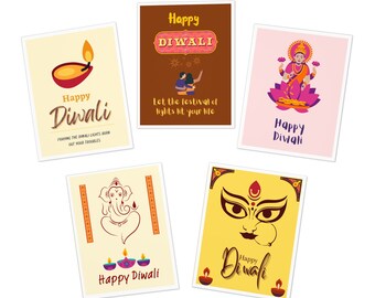 Collection of Five Multi-Design Happy Diwali Greeting Cards I Diwali Greetings I Happy Diwali Card I Wish Diwali