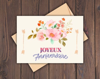 Joyeux anniversaire Beautiful Flower French Birthday Card I Printable Birthday Card I Downloadable Greeting Card